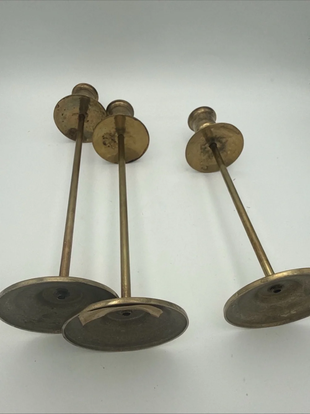 3 VTG Brass graduated MCM Taper Candle Holders Patina 10”, 9”, 8” minimalist